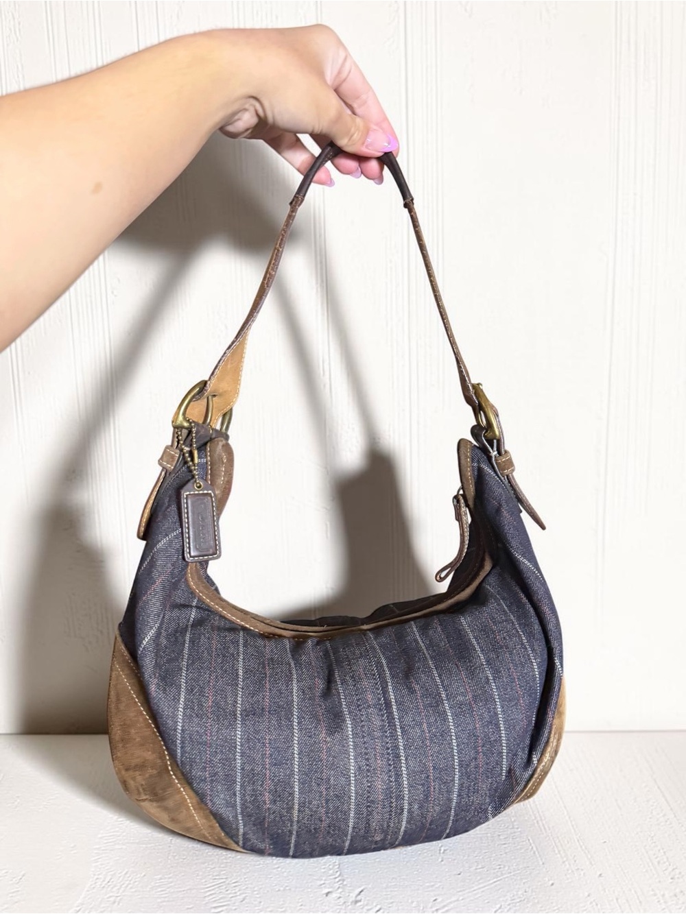 Vintage Coach Soho 9527 Y2K Denim Suede Hobo Bag Navy Brown